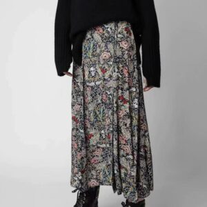 100% Viscose Women Vintage Printing Skirt Single Breasted 2022 Fall New Female A-Line Pleated Midi Jupe