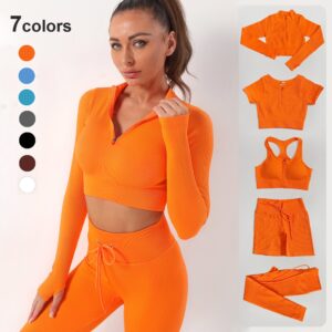 5PC Orange Seamless Yoga Set Women Workout Sportswear Gym Clothing Drawstring High Waist Leggings Zipper Long Sleeve Sports Suits