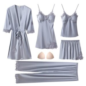 5pcs V-Neck Nightwear Pajamas Bride White Wedding Robes Set Sexy Women Lace Sleepwear Sleep Suit Spring Flower Ice Silk Pijamas