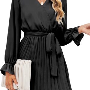 BBX Lephsnt Womens Wrap V Neck Dresses for Wedding Guest Casual Pleated Long Sleeve Mini Dress