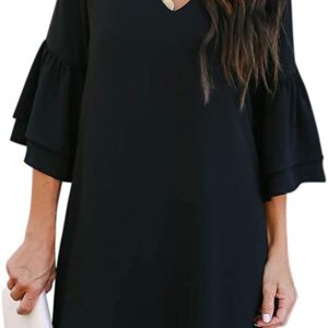 BELONGSCI Women’s Dress Sweet & Cute V-Neck Bell Sleeve Shift Dress Mini Dress