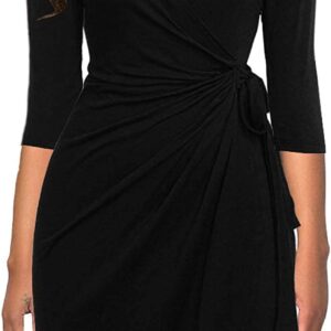 Berydress Women’s Classic 3/4 Sleeve V Neck Sheath Casual Party Work Faux Black Wrap Dress
