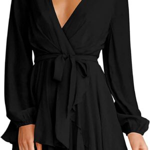 Cosonsen Women’s Dress Deep V-Neck Long Sleeve Waist Tie Ruffle Mini Swing Skater Dresses