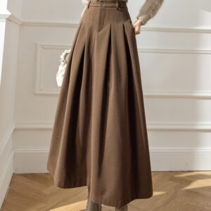 Elegant Women Woolen Skirts For Female Pockets Office Ladies Casual Loose A-Line High Waist Midi Skirt 2022 Autumn Winter SK11