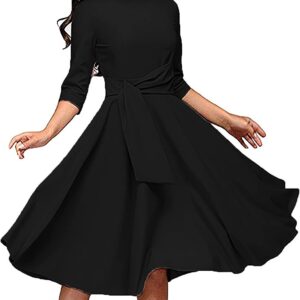 FENJAR Womens Elegance Audrey Hepburn Style Ruched 3/4 Sleeve Midi A-line Dress