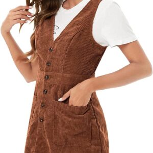 Floerns Women’s V Neck Sleeveless Corduroy Button Pinafore Overall Mini Dress