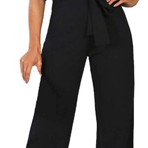 Happy Sailed Women Casual Loose Short Sleeve Belted Wide Leg Pant Romper Jumpsuits