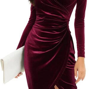 HUHOT Womens Wrap V Neck Long Sleeve Split Wrap Velvet Elegant Bodycon Ruched Cocktail Party Midi Dress