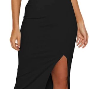 LYANER Women’s Spaghetti Straps Split Hem Sleeveless Zipper Bodycon Midi Dress