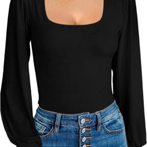 MANGOPOP Square Neck / Mock Neck Puff Sleeve Loose Lantern Short Sleeve Long Sleeve Bodysuit for Women for Going Out