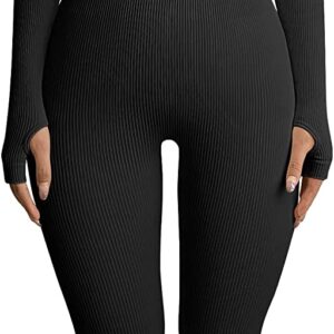 OQQ Women Yoga Jumpsuits Workout Ribbed Long Sleeve Sport Jumpsuits