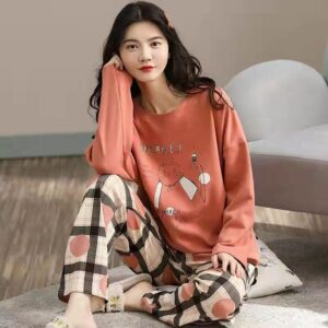 Pajamas women’s spring and autumn long-sleeved autumn and winter homewear women’s plus size simple cotton loose suit outer wear