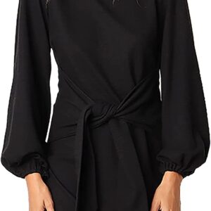 PRETTYGARDEN Women’s Elegant Long Lantern Sleeve Short Dress Crewneck Tie Waist Knit Cocktail Dress
