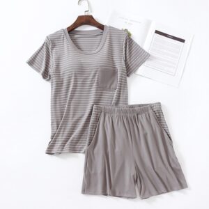 Pyjama Woman Set 2022 Casual Summer Pajamas Short Sleeve Striped Top + Pant Two Pieces Home Suit Bra Padded Sleepwear Pijama