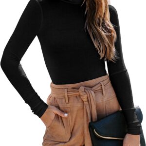 REORIA Women’s Long Sleeve Ribbed Turtleneck Leotard Stretchy Bodysuit Tops Jumpsuits