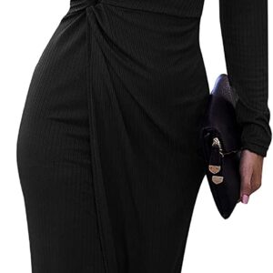 SHIBEVER Women Casual Dresses V Neck Long Sleeve Twist Front Waist Ribbed Knit Bodycon Slit Dress Cocktail Party Midi Dress