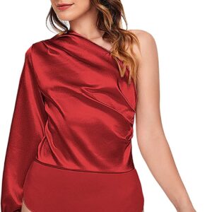 SOLY HUX Women’s One Shoulder Long Sleeve High Waist Satin Bodysuit Leotard