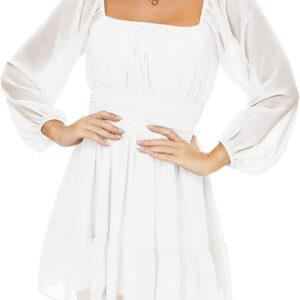 Square Neck Mini Dress for Women Puff Sleeve Tie Back Aline Dress with Elastic Waist