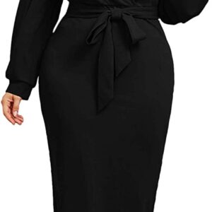 Verdusa Women’s Plus Size V Neck Lantern Sleeve Midi Belted Bodycon Dress