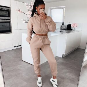 Women 2 Piece Running Sets Fall Spring Solid Sportswear Long Sleeve Cropped Hoodies+Jogger Pants Plus Size Female Tracksuits