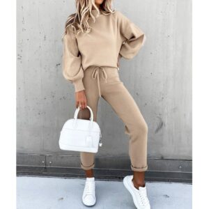 Women Casual 2-piece Running Sets Fall Spring Sportswear Long Sleeve High Collar Pullovers and Lace-up Pants Female Tracksuits