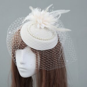 Women Veil Fascinator Hat with Clips,Feather Pearls Stewardess Cap Party Kentucky Derby Headpiece Photography