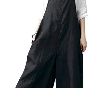 YESNO Women Casual Loose Long Bib Pants Wide Leg Jumpsuits Baggy Cotton Rompers Overalls with Pockets PZZ